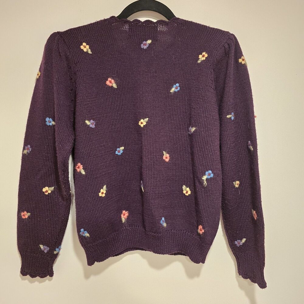 Herman Geist Cardigan Sweater Hand Embroidered 50% Wool Plum Floral Small Petite - Picture 9 of 12